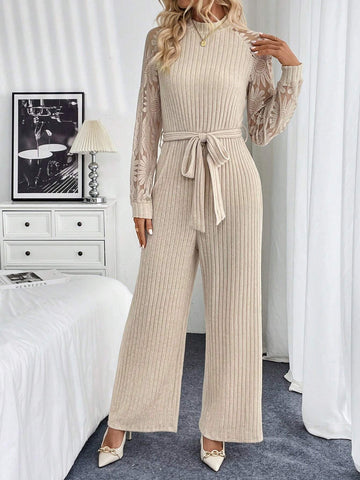 Women's Solid Color Pieced Round Neck Long Sleeve Casual Jumpsuit