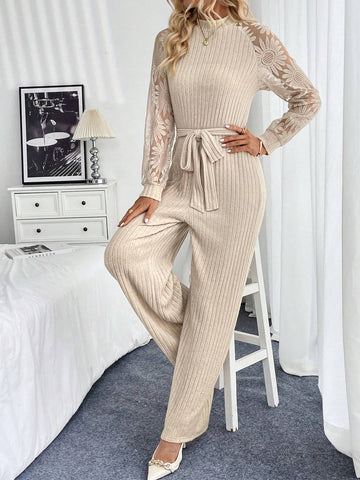 Women's Solid Color Pieced Round Neck Long Sleeve Casual Jumpsuit