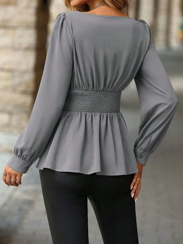 Clasi Women's Solid Color Pleated Square Neck Elegant Long Sleeve Office Shirt