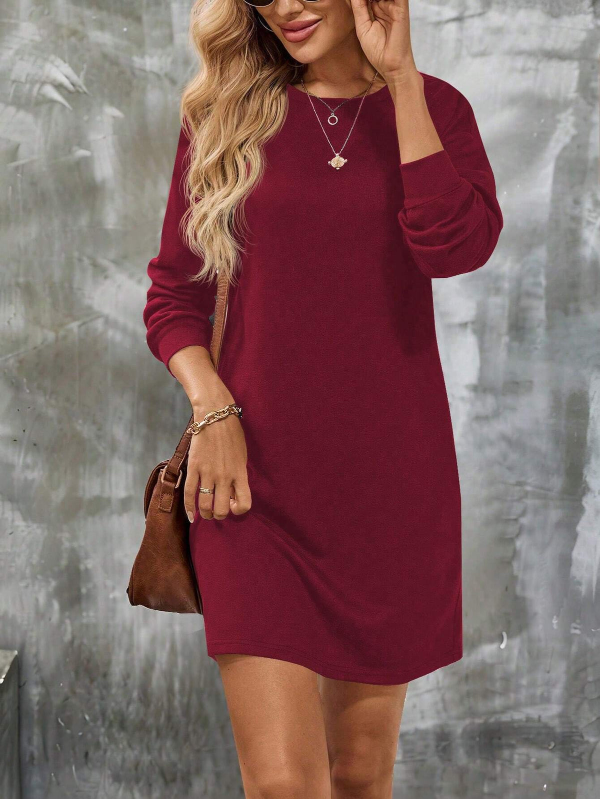 Women's Solid Color Round Neck Long Sleeve Loose Casual Short Dress For Autumn