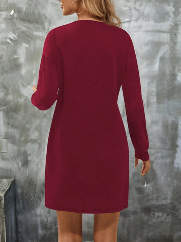 Women's Solid Color Round Neck Long Sleeve Loose Casual Short Dress For Autumn