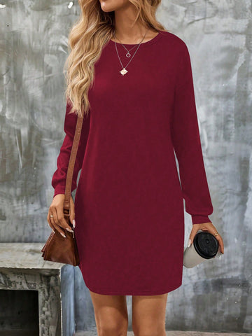 Women's Solid Color Round Neck Long Sleeve Loose Casual Short Dress For Autumn