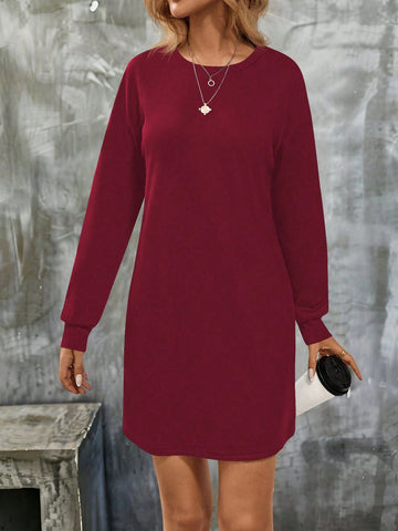 Women's Solid Color Round Neck Long Sleeve Loose Casual Short Dress For Autumn