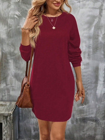 Women's Solid Color Round Neck Long Sleeve Loose Casual Short Dress For Autumn