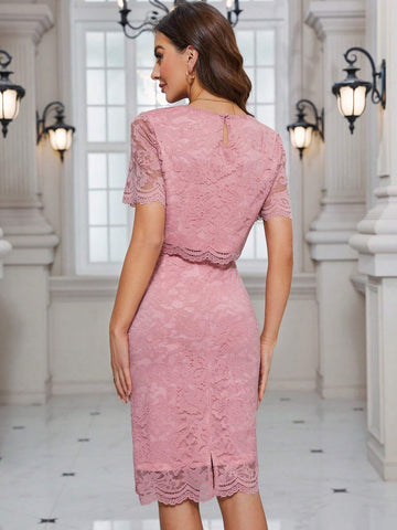 Women's Solid Color Round Neck Short Sleeve Lace Top And Skirt Two-Piece Set