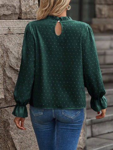 Clasi Women's Solid Color Ruffle Trim Swiss Dot Minimalist Long Sleeve Blouse