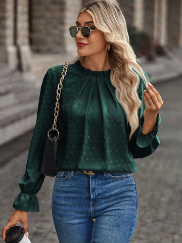 Clasi Women's Solid Color Ruffle Trim Swiss Dot Minimalist Long Sleeve Blouse