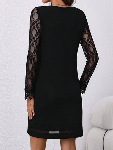 Women's Solid Color Sheer Lace Panel Ruffle V-Neck Long Sleeve Elegant Mini Dress