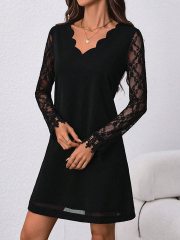 Women's Solid Color Sheer Lace Panel Ruffle V-Neck Long Sleeve Elegant Mini Dress