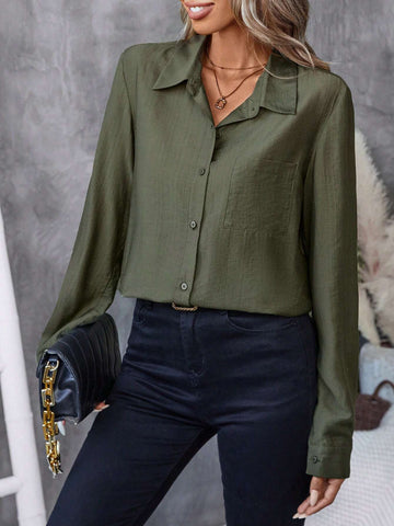 Clasi Women's Solid Color Shirt Collar Button-Up Long Sleeve Casual Blouse