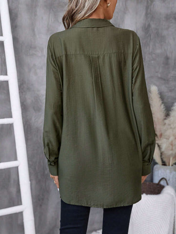 Clasi Women's Solid Color Shirt Collar Button-Up Long Sleeve Casual Blouse