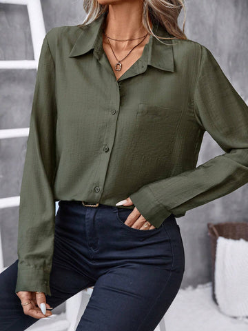 Clasi Women's Solid Color Shirt Collar Button-Up Long Sleeve Casual Blouse