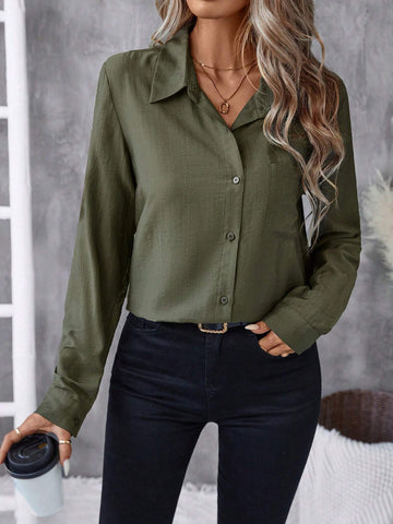 Clasi Women's Solid Color Shirt Collar Button-Up Long Sleeve Casual Blouse