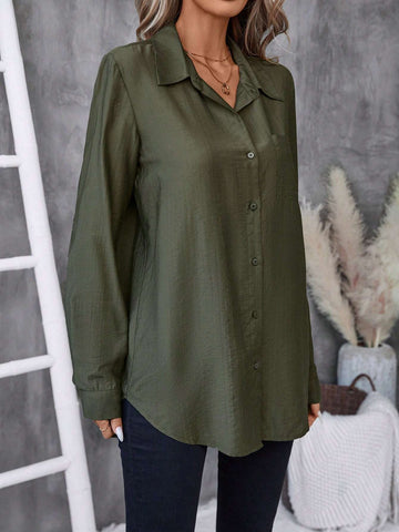 Clasi Women's Solid Color Shirt Collar Button-Up Long Sleeve Casual Blouse