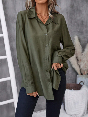 Clasi Women's Solid Color Shirt Collar Button-Up Long Sleeve Casual Blouse