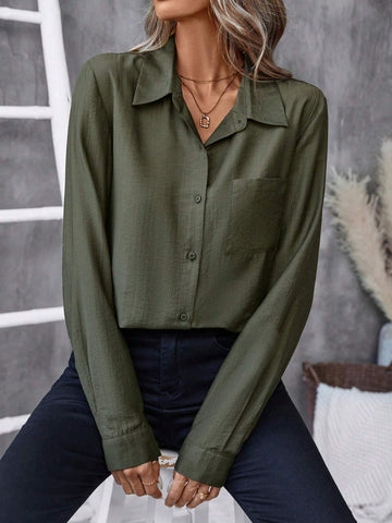 Clasi Women's Solid Color Shirt Collar Button-Up Long Sleeve Casual Blouse
