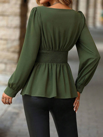 Clasi Women's Solid Color Square Collar Puff Sleeve Asymmetrical Hem Elegant Blouse, Green Fall Blouse