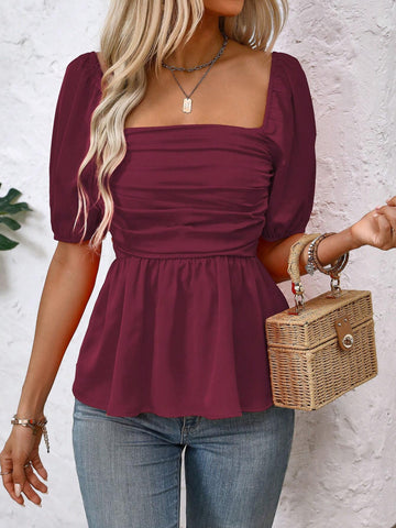 Clasi Women's Solid Color Square Collar Short Sleeve Pleated Casual Blouse