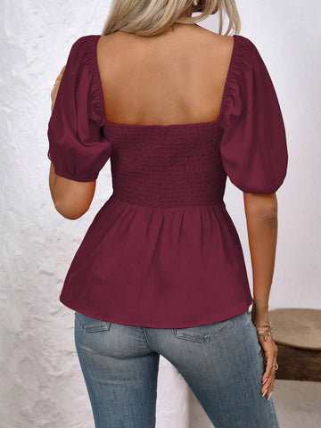 Clasi Women's Solid Color Square Collar Short Sleeve Pleated Casual Blouse