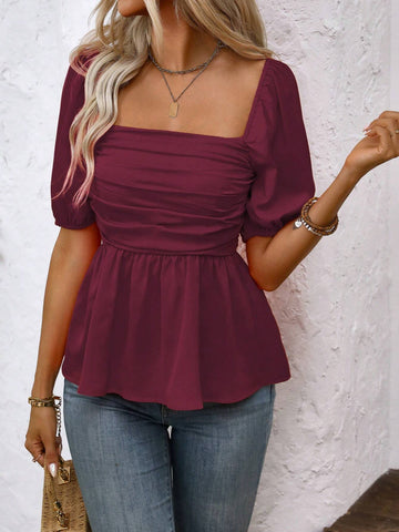 Clasi Women's Solid Color Square Collar Short Sleeve Pleated Casual Blouse