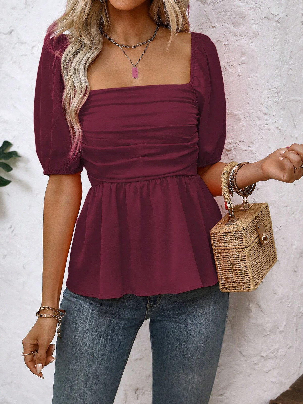 Clasi Women's Solid Color Square Collar Short Sleeve Pleated Casual Blouse