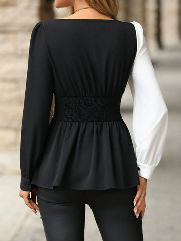 Clasi Women's Solid Color Square Neck Puff Sleeve Asymmetrical Hem Elegant Blouse, Black And White Contrast, Autumn