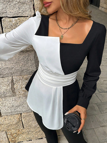 Clasi Women's Solid Color Square Neck Puff Sleeve Asymmetrical Hem Elegant Blouse, Black And White Contrast, Autumn