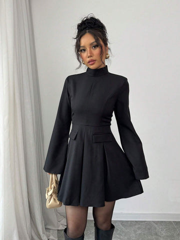 Women's Solid Color Stand Collar Flared Sleeve Pleated Hem Elegant Mini Dress