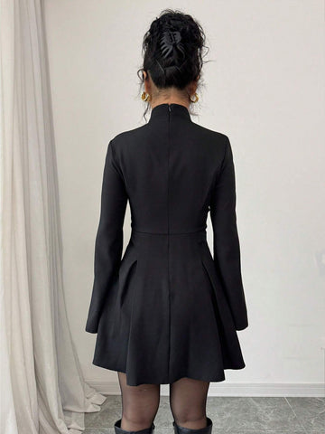 Women's Solid Color Stand Collar Flared Sleeve Pleated Hem Elegant Mini Dress