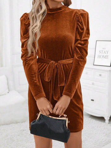 Women's Solid Color Stand Collar Puff Sleeve Tied Waist Short Fashionable Dress