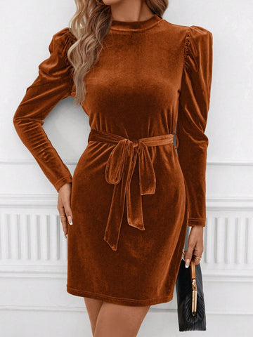 Women's Solid Color Stand Collar Puff Sleeve Tied Waist Short Fashionable Dress