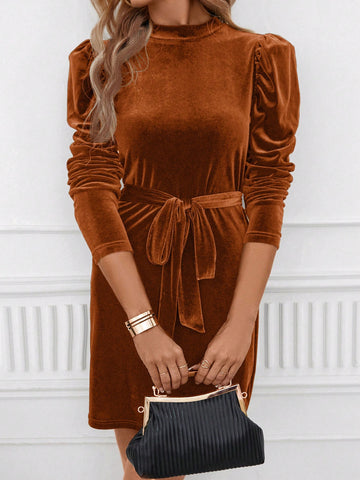 Women's Solid Color Stand Collar Puff Sleeve Tied Waist Short Fashionable Dress