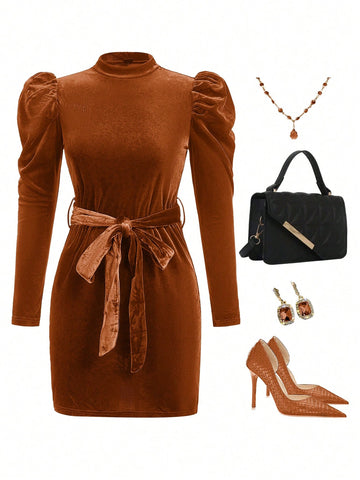 Women's Solid Color Stand Collar Puff Sleeve Tied Waist Short Fashionable Dress