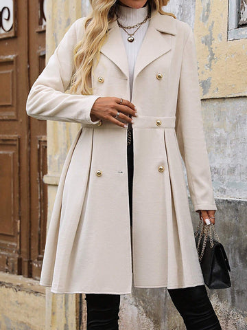 Clasi Women's Solid Color Turndown Collar Long Sleeve Double Button Elegant Office Mini Dress,