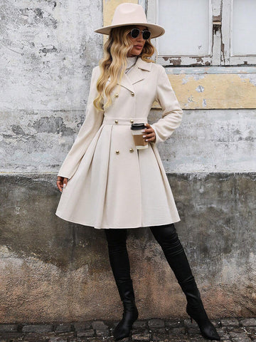 Clasi Women's Solid Color Turndown Collar Long Sleeve Double Button Elegant Office Mini Dress,