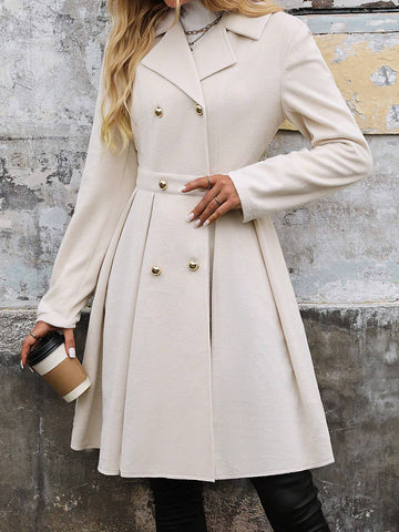 Clasi Women's Solid Color Turndown Collar Long Sleeve Double Button Elegant Office Mini Dress,