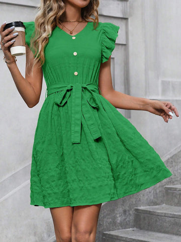 Women's Solid Color V-Neck Belted Dress