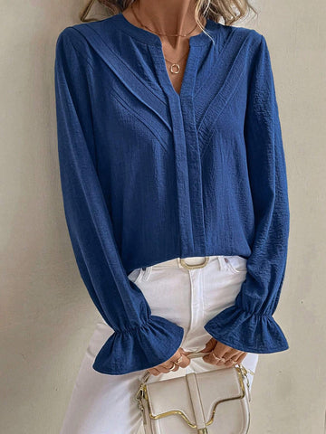 Clasi Women's Solid Color V-Neck Long Sleeve Casual Blouse, Autumn/Winter