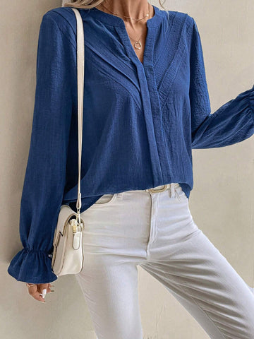 Clasi Women's Solid Color V-Neck Long Sleeve Casual Blouse, Autumn/Winter