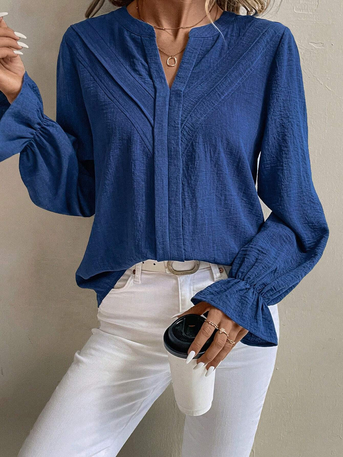 Clasi Women's Solid Color V-Neck Long Sleeve Casual Blouse, Autumn/Winter