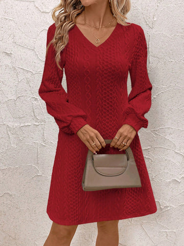 Women's Solid Color V-Neck Long Sleeve Casual Short Dress, Autumn