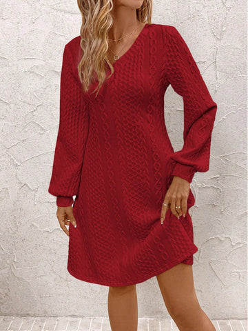 Women's Solid Color V-Neck Long Sleeve Casual Short Dress, Autumn