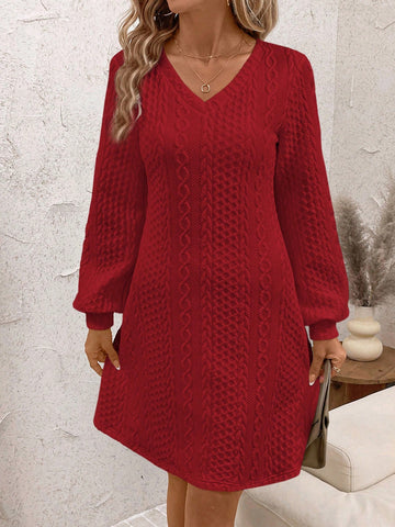 Women's Solid Color V-Neck Long Sleeve Casual Short Dress, Autumn