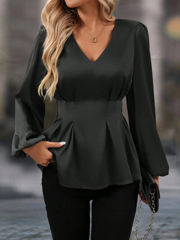 Clasi Women's Solid Color V-Neck Long Sleeve Simple Casual Shirt