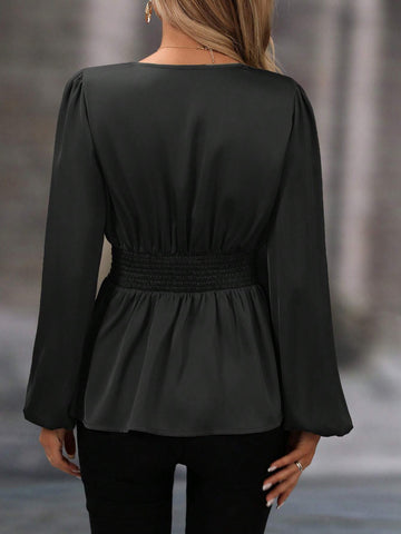 Clasi Women's Solid Color V-Neck Long Sleeve Simple Casual Shirt