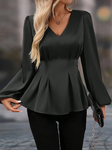 Clasi Women's Solid Color V-Neck Long Sleeve Simple Casual Shirt