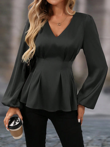 Clasi Women's Solid Color V-Neck Long Sleeve Simple Casual Shirt