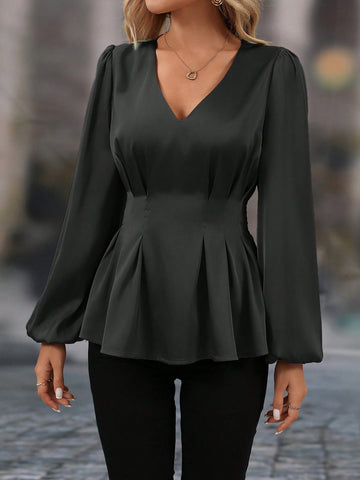 Clasi Women's Solid Color V-Neck Long Sleeve Simple Casual Shirt