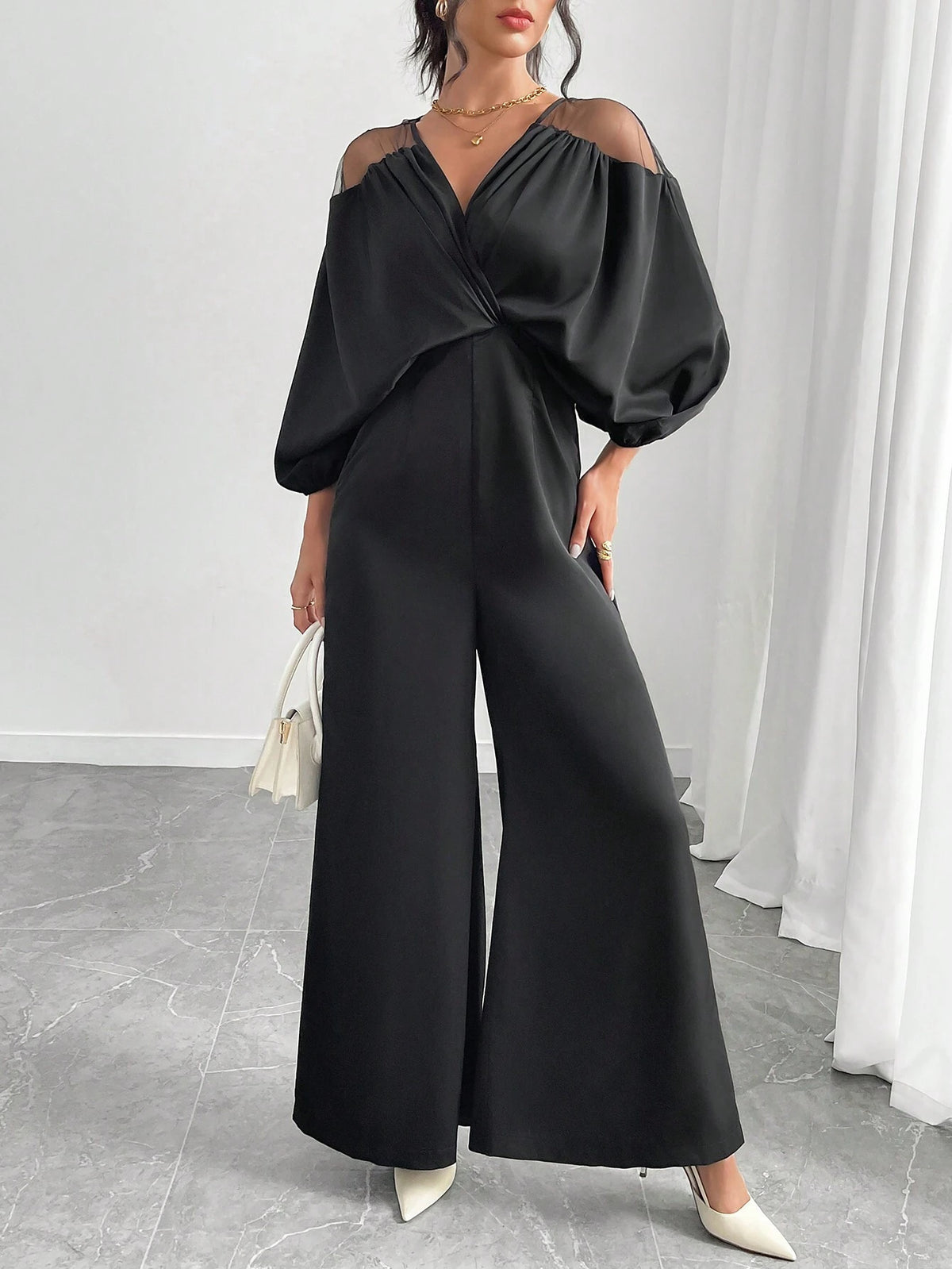 Women's Solid Color V-Neck Mesh Batwing Sleeve Jumpsuit, Autumn