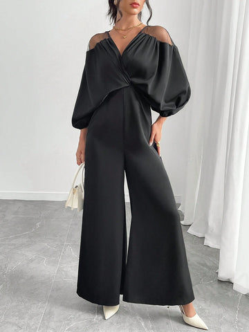 Women's Solid Color V-Neck Mesh Batwing Sleeve Jumpsuit, Autumn